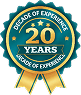 A blue and gold badge with a ribbon reads Decade of Experience, 20 Years, celebrating our trusted Auto Transport Dallas TX services.