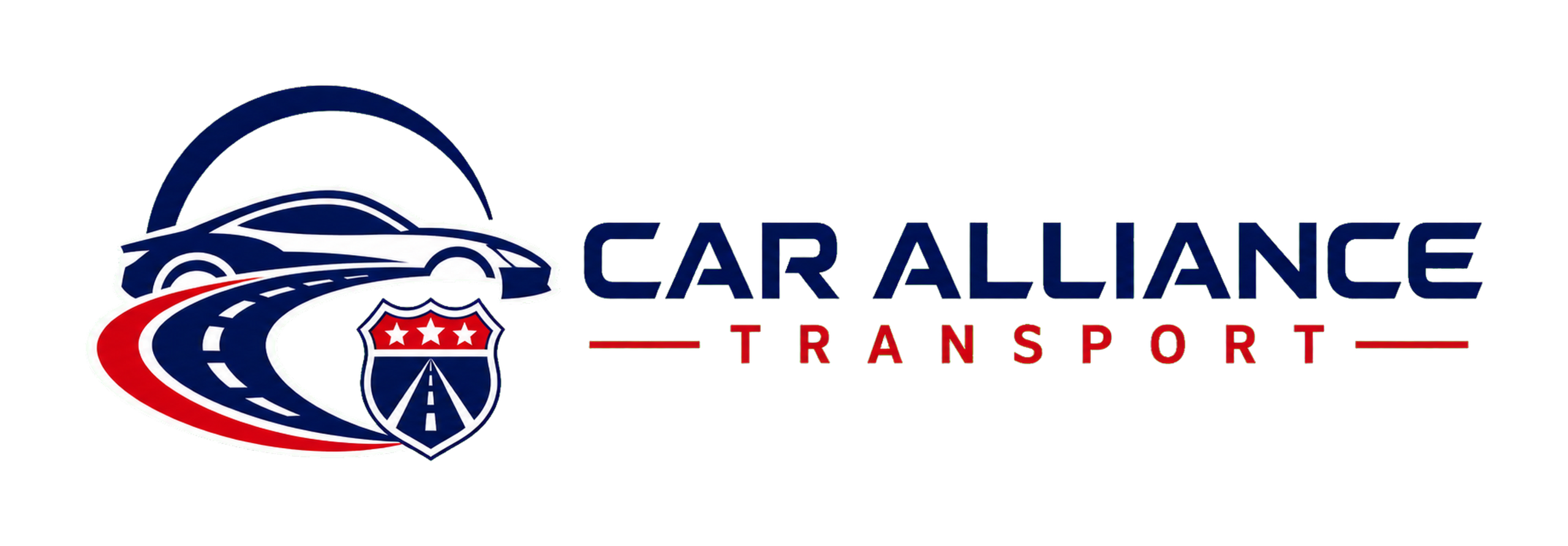 Logo for Car Alliance Transport featuring a stylized car, a winding road, a shield with stars and a road, and the company name in bold blue and red text on a white background—perfectly representing their expertise in Open Car Transport Dallas and Auto Transport Dallas TX.