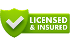 A green shield with a white checkmark next to the words Licensed & Insured on a white background, representing the reliability and trustworthiness of Car Transport Dallas TX.