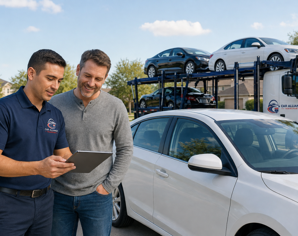 Two men stand next to a white car, one holding a tablet. Both are smiling. Behind them, a truck loaded with cars is parked, with trees and houses visible in the background—illustrating the reliable Car Transport Dallas TX residents can count on.