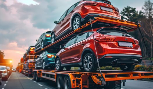 A car carrier truck transports several new cars on a two-level trailer along a road at sunset, with trees and other vehicles in the background, exemplifying professional Car Shipping Dallas TX.