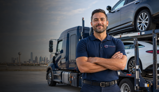 A confident man in a navy polo stands with arms crossed in front of an Open Car Transport Dallas truck loaded with white vehicles. A city skyline is visible in the background under a partly cloudy sky.