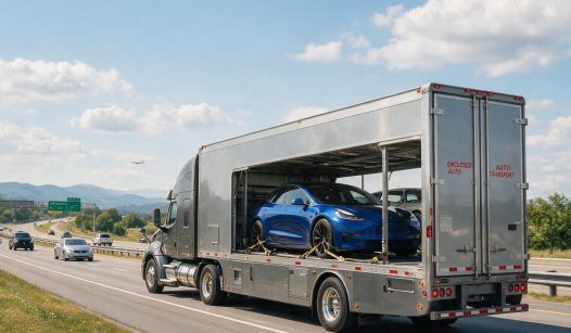 A silver enclosed car carrier truck, part of a professional Auto Transport Dallas TX service, transports a blue sports car on a highway under a partly cloudy sky, with other vehicles and green roadside visible.