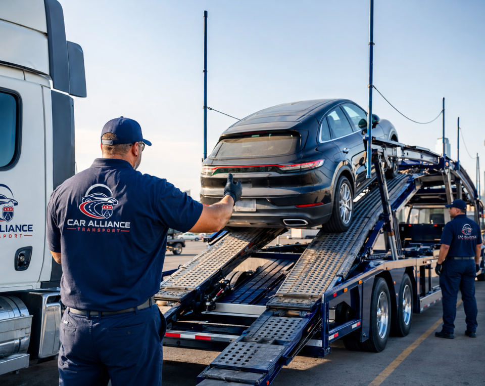 Two workers in uniforms load a black SUV onto a car carrier trailer; a truck with Car Alliance Transport branding, specializing in Car Shipping Dallas TX, is parked nearby in an urban setting.