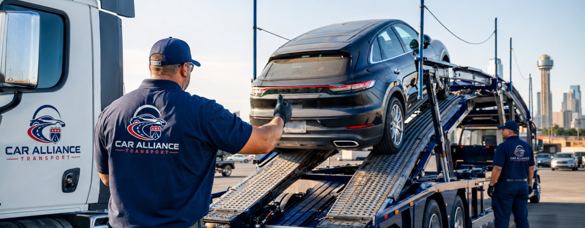 Two workers in uniforms load a black SUV onto a car carrier trailer; a truck with Car Alliance Transport branding, specializing in Car Shipping Dallas TX, is parked nearby in an urban setting.