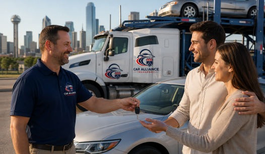 A smiling man in a Car Alliance Transport uniform hands car keys to a happy couple standing beside a silver car, with a car carrier truck and city skyline in the background—showcasing professional Car Shipping Dallas TX services.