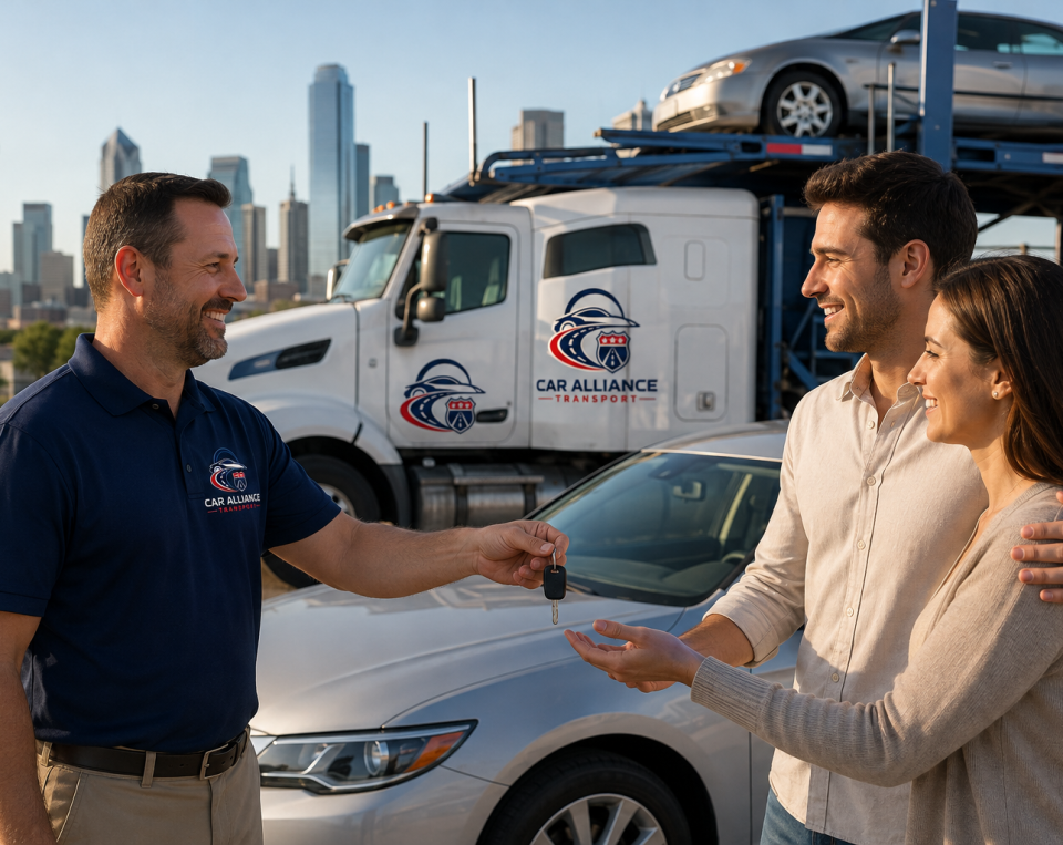 A smiling man in a Car Alliance Transport uniform hands car keys to a happy couple standing beside a silver car, with a car carrier truck and city skyline in the background—showcasing professional Car Shipping Dallas TX services.
