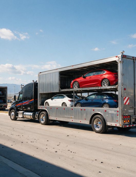Two large car carrier trucks transport several new vehicles, including a red car on the top level, along a paved road under a blue sky with scattered clouds—showcasing reliable Auto Transport Dallas TX services in action.