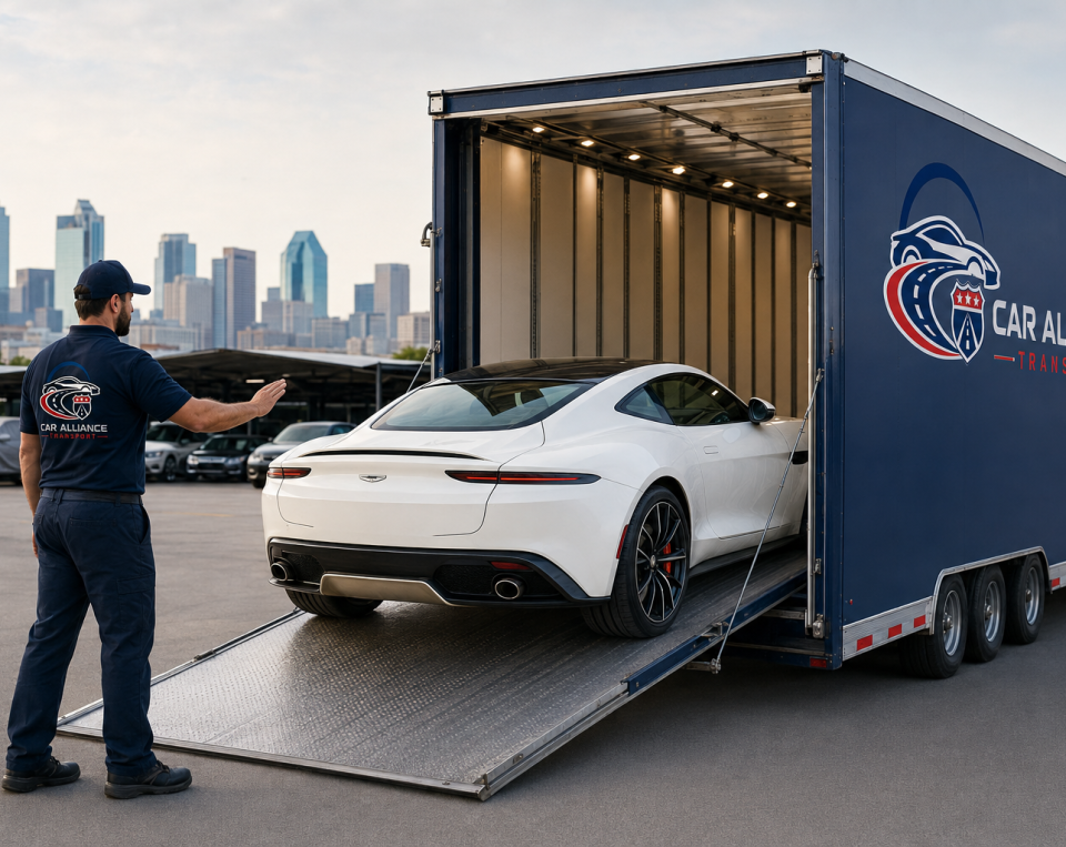 A man guides a white sports car into a Car Alliance Transport trailer, with the city skyline visible in the background—showcasing professional open car transport Dallas services.