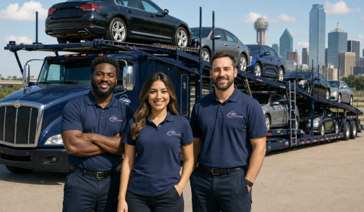 Three smiling auto transport workers stand in front of a car carrier truck loaded with vehicles, representing the reliable Car Shipping Dallas TX services available, with a city skyline visible in the background under a clear sky.