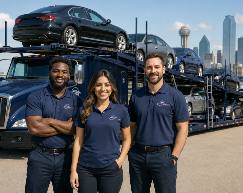Three smiling auto transport workers stand in front of a car carrier truck loaded with vehicles, representing the reliable Car Shipping Dallas TX services available, with a city skyline visible in the background under a clear sky.
