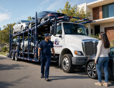 A car carrier truck loaded with vehicles is parked on a residential street, illustrating the efficiency of Car Shipping Dallas TX. A man in a uniform walks toward a woman standing beside a parked car, with modern houses visible in the background.