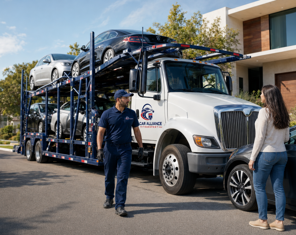 A car carrier truck loaded with vehicles is parked on a residential street, illustrating the efficiency of Car Shipping Dallas TX. A man in a uniform walks toward a woman standing beside a parked car, with modern houses visible in the background.