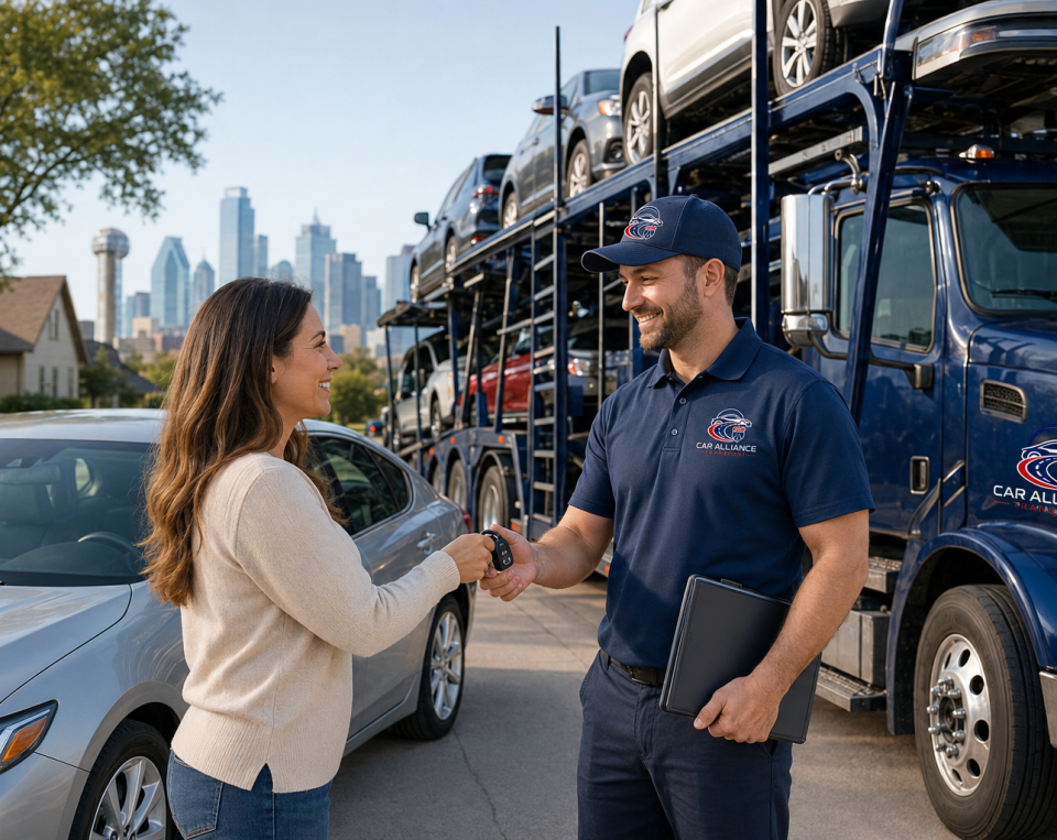 A woman receives car keys from a smiling man in a Car Alliance uniform beside a car carrier truck loaded with vehicles, illustrating seamless Car Transport Dallas TX services with a city skyline in the background.