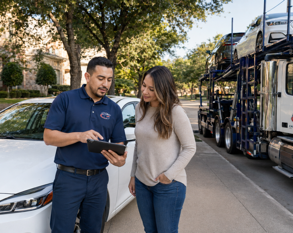 A man in a navy polo shows a tablet to a woman next to a white car and a car carrier truck on a residential street, illustrating the convenience of Car Transport Dallas TX services.